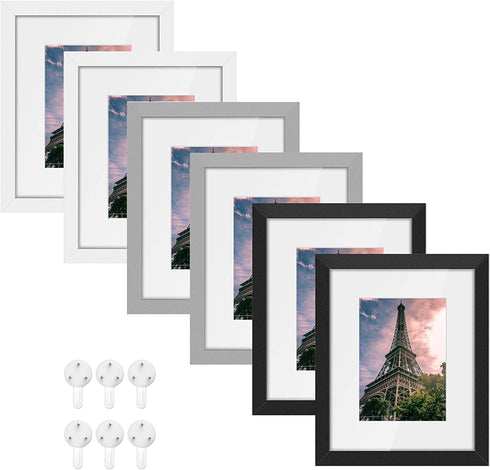 Puroma 8x10 Inches Picture Frame Set of 6, 5x7'' or 4x6'' with Mat Tempered Glass Composite Wood Photo Frames for Wall Mounting or Tabletop for Home Wall and Office Desktop (Black & White & Gray)