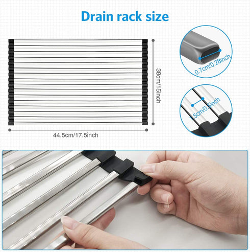 Dish Drying Rack 17.5" x 15", G-TING Over Sink Roll Up Large Dish Drainers Rack, Multipurpose Foldable Kitchen Sink Rack Mat Stainless Steel with Silicone Rims for Dishes, Cups, Fruits Vegetables
