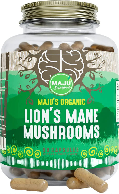 MAJU Organic Lions Mane Mushroom Capsules 90ct, Fruiting Bodies Steam Extract, Organic Mushrooms w/ Black Pepper Extract, Hericium Erinaceus