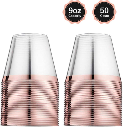 50 Rose Gold Cups 9 Oz Rose Gold Plastic Cups Fancy Disposable Wedding Cups Elegant Party Cups with Rose Gold Rim Flexible Party Wedding Rose Gold Plastic Tumblers by KARRAHOME