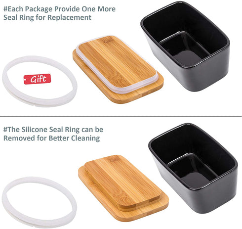 Arswin Butter Dish with Lid,Extra Large 650ml,Porcelain Keeper with Bamboo Lid Cover for 2 Sticks of Butter,Microwave Safe Easy Clean Butter Storage Container for Countertop Refrigerator (Black)