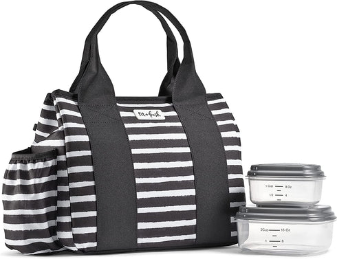 Fit + Fresh Sanibel Insulated Lunch Bag, Lunch Bag for Women Includes 2 Food Containers, Reusable Lunch Box, Perfect for Work, School, Beach & More, Black Stripe