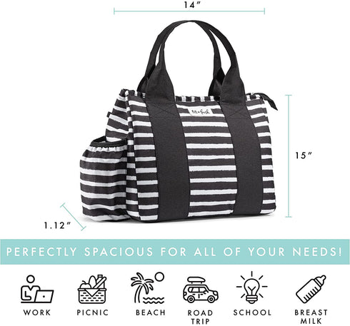 Fit + Fresh Sanibel Insulated Lunch Bag, Lunch Bag for Women Includes 2 Food Containers, Reusable Lunch Box, Perfect for Work, School, Beach & More, Black Stripe