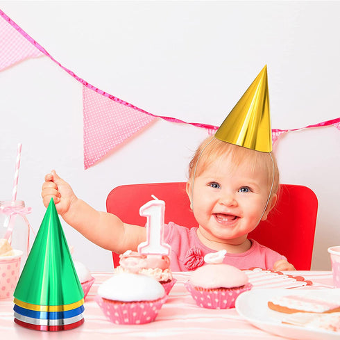 50 Pieces Cone Party Hats Metallic Foil Cone Hats Colorful Party Cone Hats Birthday Paper Hats for Birthday Parties, Gold, Silver, Red, Green, Blue