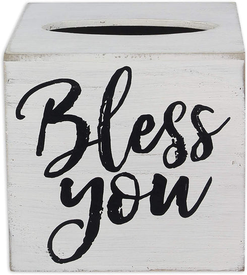 Young's Inc. Wood Bless You Tissue Box Cover - 6" L x 6" W x 6" H - Square Tissue Box Holder - Decorative Tissue Dispenser