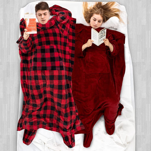 PAVILIA Fleece Blanket with Sleeves and Foot Pockets for Women Men Adult, Wearable Blanket Throw Wrap, Warm Cozy Extra Soft Sleep Hug Blanket with Feet, Gift for Women Mom (Checkered Red)