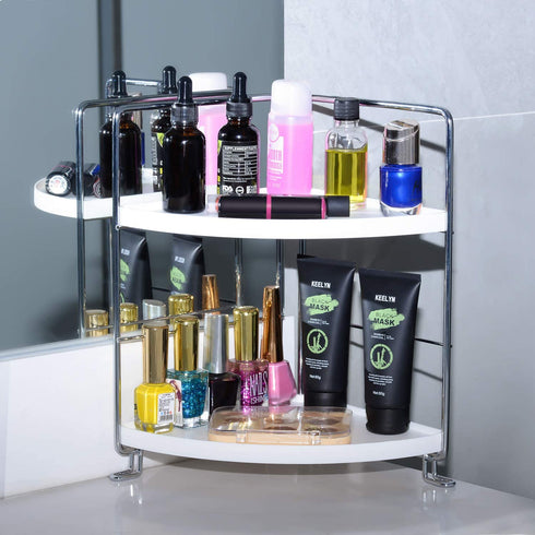 2-Tier Corner Storage Shelf Stackable Organizer for Cosmetics, Bathroom, Kitchen, Countertop, and Vanity, Silver
