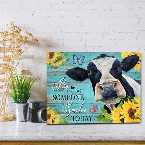 Qute Cow Flower Picture Canvas Print Motivational Quotes Wall Decor Art Sunflowers Animal on Green Wood Board Painting Modern Artwork for Bathroom Living Room Office Decoration, Framed 1 pcs 12x16