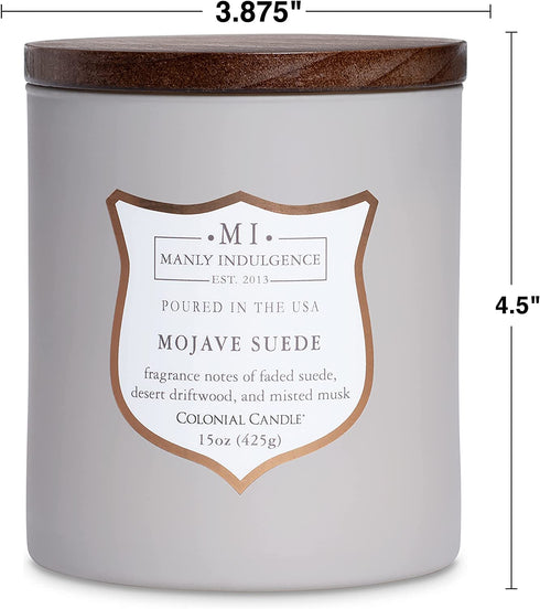 Manly Indulgence Scented Jar Candle, Mojave Suede, Signature Collection, Soy Wax Blend, Wooden Wick, 15 Oz, Single (Faded Suede, Desert Driftwood & Misted Musk)