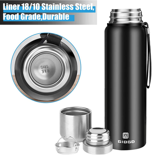 Insulated vacuum Thermo Bottle 25oz with cup lid Leakproof stainless water flask for coffee hot and cold drink.(Black,750ml)