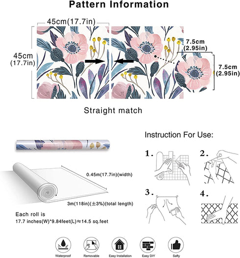HaokHome 93019 Floral Peel and Stick Wallpaper Removable Pink/Blue/Yellow Vinyl Self Adhesive Shelf Liner 17.7in x 9.8ft