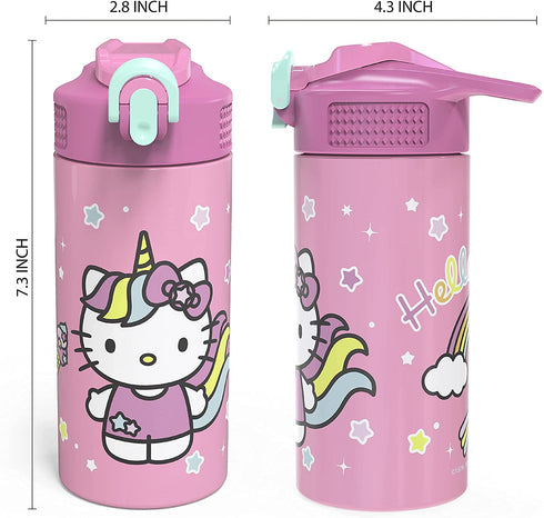 Zak Designs Sanrio Hello Kitty Vacuum Insulated, Stainless Steel Kids Water Bottle with Flip-Up Straw Spout and Locking Spout Cover, Durable Cup for Sports or Travel (14 oz, 18/8 SS)