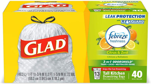 Glad Tall Kitchen Drawstring Trash Bags - OdorShield 13 Gallon Grey Trash Bag, Febreze Citrus and Zest - 40 Count