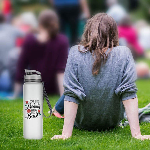 LEADO 32oz 1Liter Motivational Tracking Water Bottle with Time Marker, Looks Like a Beauty Drinks Like a Beast - Funny Mothers Day, Birthday Gifts for Women, Friends, Mom, Daughters, Sister, Wife, Her