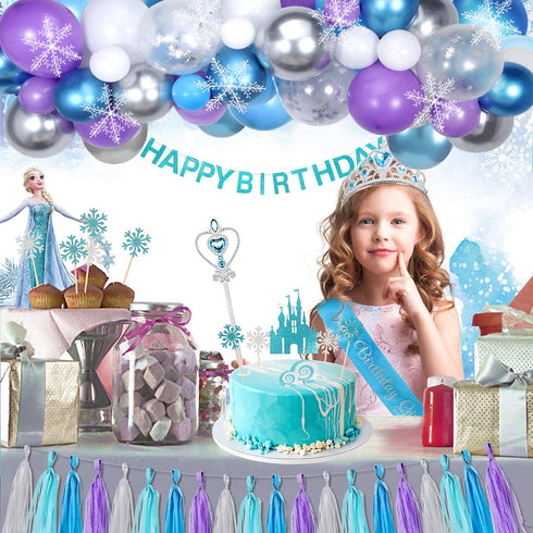 Golray Frozen Birthday Party Supplies Girls Princess Elsa Birthday Party Decorations 61 Balloons, Banner, Tassel, Sash, Pin, Cake Topper, Tattoo, Crown Wand, Girls Birthday Decor 2nd 3rd 4th 5th