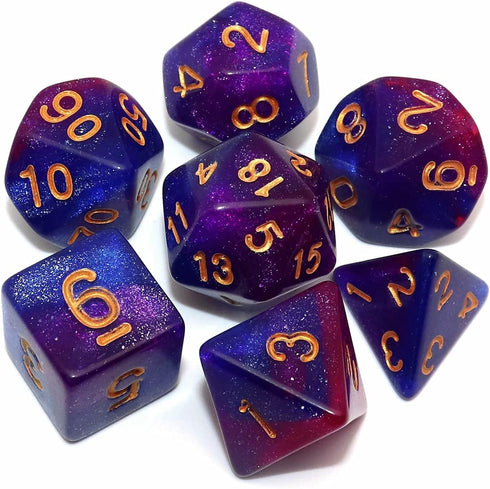 CREEBUY Polyhedral DND Glitter Dice Set for Dungeon and Dragons D&D RPG Role Playing Games Blue Mixed Purple Nebula Dice