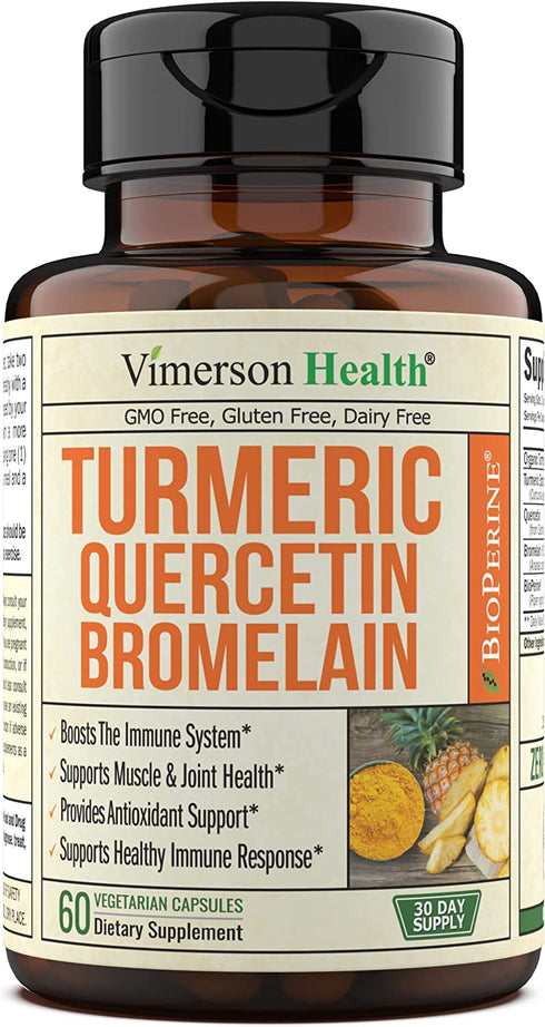 Turmeric Curcumin Quercetin with Bromelain and BioPerine Supplement - Balance and Support for Immune System and Inflammation. Occasional Joint Discomfort Relief. 60 Vegan Capsules for Adults