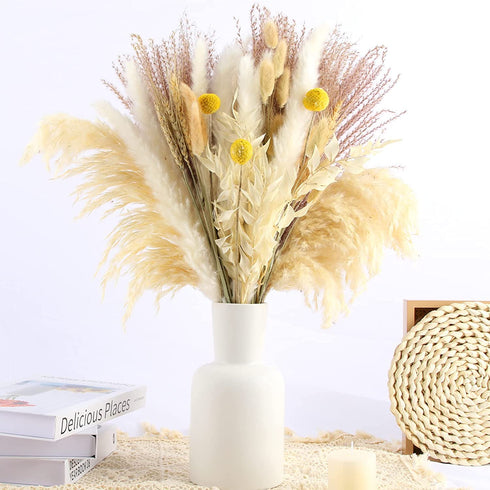 61Pcs Natural Dried Pampas Grass, 17" Tall Fluffy Pompous Grass Dried Flowers Bouquet Decor with Reed Grass/Wheats/Lagurus Ovatus/ for Boho Farmhouse Rustic Vase