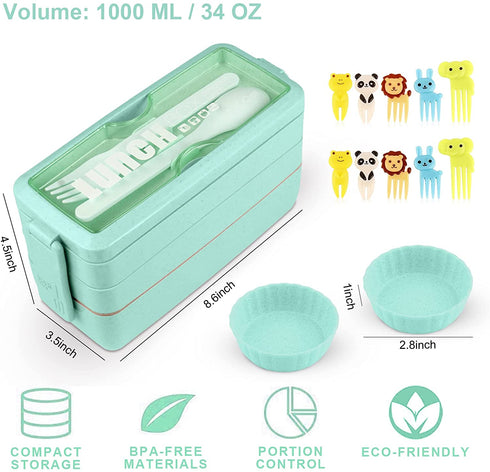 Bento Box Japanese Lunch Box Kit, HSYTEK Stackable Bento Boxes for Adult, Wheat Straw Bento Box with Utensils, Leakproof Lunch Container Kids Bento, Green Bento Box Microwave Safe -1000ml