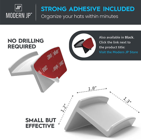 Modern JP Adhesive Hat Hooks for Wall (16-Pack) - Minimalist Hat Rack Design, No Drilling, Strong Hold Hat Hangers - U.S. Patent Pending