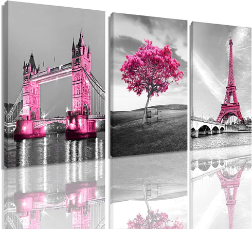 Decor for Bedroom for Girls Pink Paris Theme Room Decor Wall Art Canvas Black and White Art Eiffel Tower Pictures Decorations Tower Paris Eiffel Tower Painting Framed (16"x24"x3Panles)
