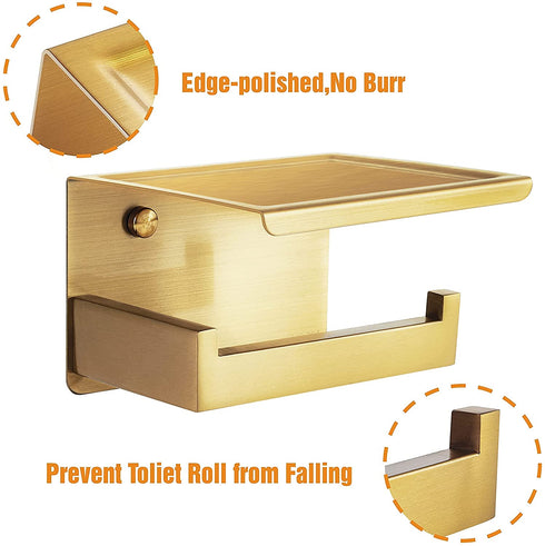 HITSLAM Gold Toilet Paper Holder, Stick on Brushed Brass Toilet Paper Holder with Shelf, Self Adhesive No Drill or Wall-Mount with Screws for Bathroom