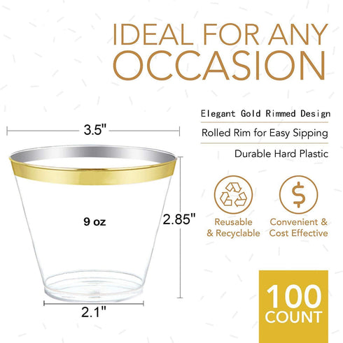 100 Plastic Cups 9 Oz Gold Plastic Cups Old Fashioned Tumblers Gold Rimmed Plastic Cups for Party Decorations Disposable Clear Plastic Cups for Wedding Cups Elegant Party Cups
