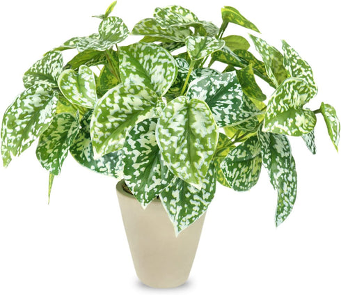 Hisow Artificial Potted Plants, 13" Faux Green Leaves Fake Plant with Natural Stone and Cement Pot Artificial Plants for Home Office Indoor and Room Decorations (A)