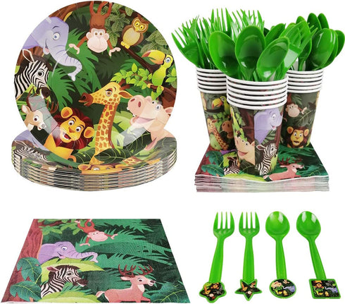 CIEOVO Zoo Jungle Animal Party Supplies - Serves 18 Guest Includes Party Plates, Spoons, Forks, Cups, Napkins Party Pack Perfect for Safari Animal Themed Birthday Shower Parties Decorations