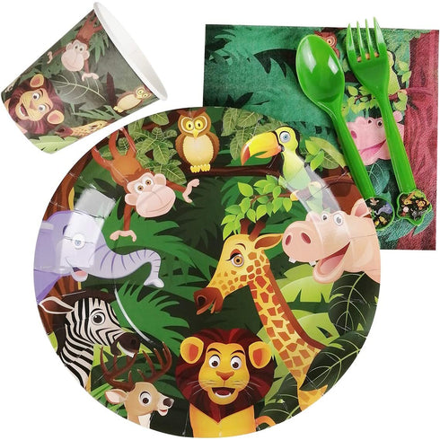 CIEOVO Zoo Jungle Animal Party Supplies - Serves 18 Guest Includes Party Plates, Spoons, Forks, Cups, Napkins Party Pack Perfect for Safari Animal Themed Birthday Shower Parties Decorations