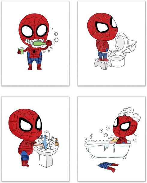 Spiderman Bathroom Prints - Set of 4 (8 inches x 10 inches) Wall Art Decor