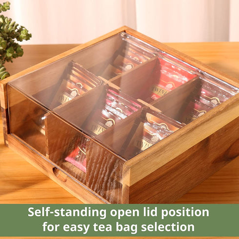 Acacia Wood Tea Bag Organizer Storage, 6 Compartments Tea Chest Box with Acrylic Transparent Hinged Lid By HTB