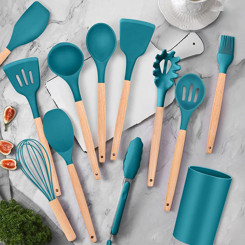 TeamFar 12Pcs Kitchen Cooking Utensils Set, Silicone Kitchen Gadgets Utensil Set for Nonstick Cookware with Wooden Handle, Spatula Spoon Turner, Non-Toxic & Non-Stick, Heat-Resistant, Blue