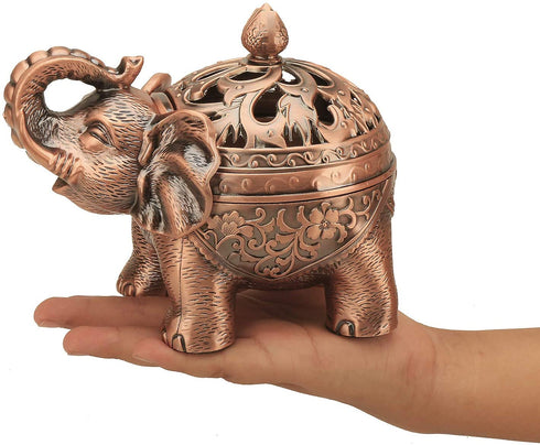 K COOL Alloy Incense Holder Stand Elephant Cone Coil Incense Burner Ash Catcher with Lid, Aromatherapy Ornament Home Decoration for Indoor Outdoor (Red Copper)