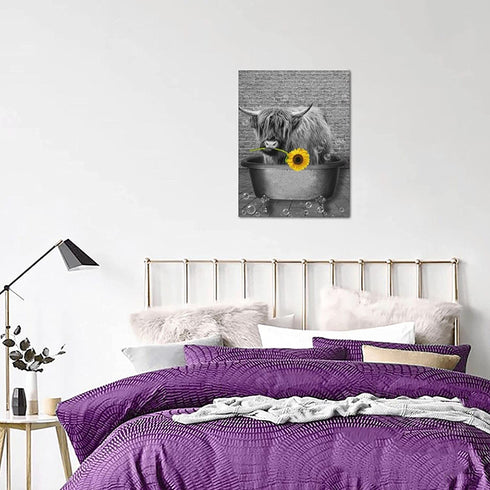 NIALLIAZ Cow Sunflower Canvas Wall Art Funny Animal And Bathing In The Bathtub Decor Black White Pictures Giclee Print Modern Artwork Paintings For Living Room Bedroom Bathroom, 12 X 16 inch