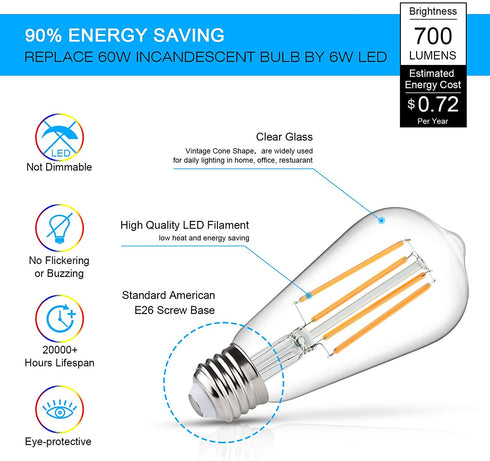 Vintage LED Edison Bulb, 6W, Equivalent 60W, Soft White 2700k, Non-Dimmable Led Filament Light Bulb, E26 Base, High CRI 95+ Eye Protection Led Bulb, Clear Glass for Home Bathroom Kitchen, Pack of 5