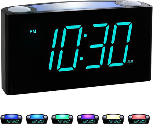 Rocam Digital Alarm Clock for Bedrooms - Large 7" LED Display with Dimmer, Snooze, 7 Night Light, Easy to Set, USB Chargers, Battery Backup, 12/24 Hour for Kids,Boys,Teens,Heavy Sleepers(Blue)