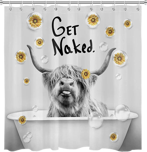 ECOTOB Highland Cow Get Naked Shower Curtain, Grey Funny Farm Animal Highland Cow in Bathtub Shower Curtain Sets, Farmhouse Yellow Floral Sunflower Shower Curtain Hooks Included, 69x70 inches