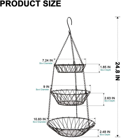 AOMRYOM 3 Tier Hanging Basket with Adjustable Wall Mount Ceiling Hanging Hooks, Rustic Country Style Fruit and Vegetable Basket Space Saving, Kitchen Storage Baskets, Black Heavy Duty Wire Organizer