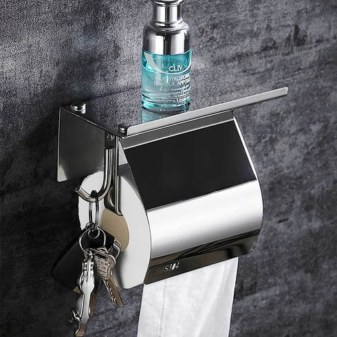 Toilet Paper Holder with Shelf, Toilet Tissue Holder with Phone Shelf, Bathroom Stainless Steel Tissue Roll Dispenser Storage,Wall Mounted 3M Self Adhesive No Drill Or Drilling with Screws