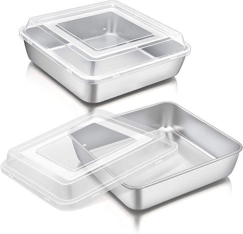 8 Inch Square Cake Pan with Lid, P&P CHEF Stainless Steel Baking Pans and Lids, For Lasagna Brownie Cake, Heavy Duty & Food Grade, Durable Pans & Plastic Covers, Oven & Dishwasher Safe (2 Pans+2 Lids)