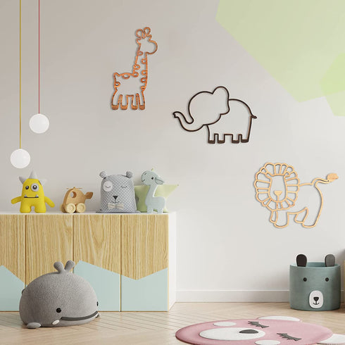 Nursery Decor 3 Pieces Wooden Animal Theme Wall Decor Nursery Jungle Wall Art Geometric Safari Wall Decor Jungle Decor with Glue Points for Themed Room (Lion, Elephant, Giraffe Style)