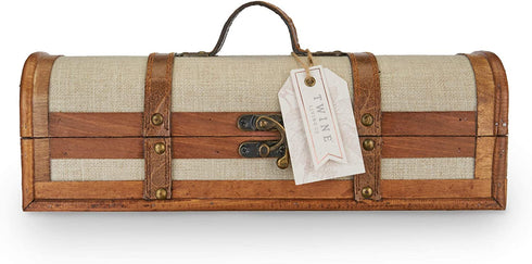 Twine Vintage Trunk Bottle Gift Wine Box with Lid and Handle Wood, Faux Leather, Brass Accents, Cloth, 1