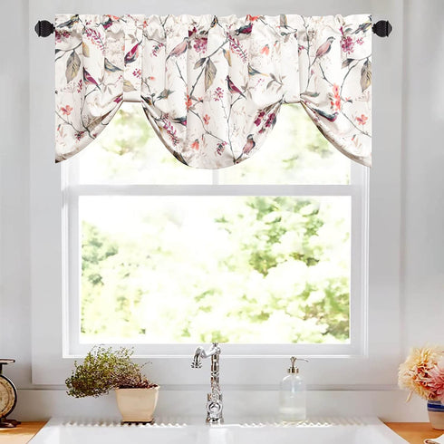 VOGOL Decorative Tie Up Curtains for Nursery Girls Room, Pink Birds and Floral Print Small Window Curtain Valance Top Pocket Tie Up Shades 18 Inch Long, One Panel