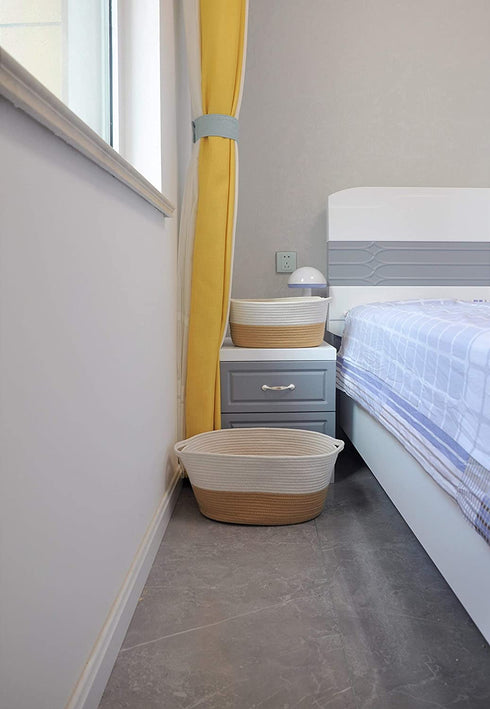 Dog Toy Basket White Brown Cotton Rope Basket Shallow Cute Pet Toy Storage Bin Home Storage Woven Basket for Living Room Clothes Towel Blanket Item Storage Basket