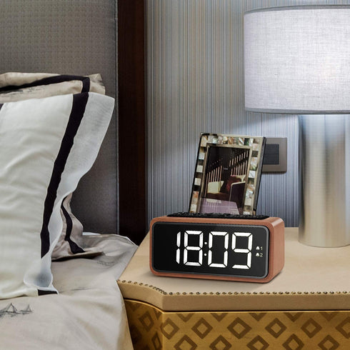 Radio Alarm Clock, Large LED Display Wood Digital FM Alarm Clock, Adjustable Brightness Dimmer and Snooze, Simple LED Clock with Dual Alarm, 12/24 Hour, Powered by AC Adapter (White LED)