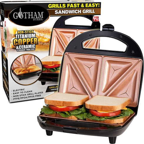 GOTHAM STEEL Sandwich Maker, Toaster and Electric Panini Grill with Ultra Nonstick Copper Surface - Makes 2 Sandwiches in Minutes with Virtually No Clean Up, with Easy Cut Edges and Indicator Lights