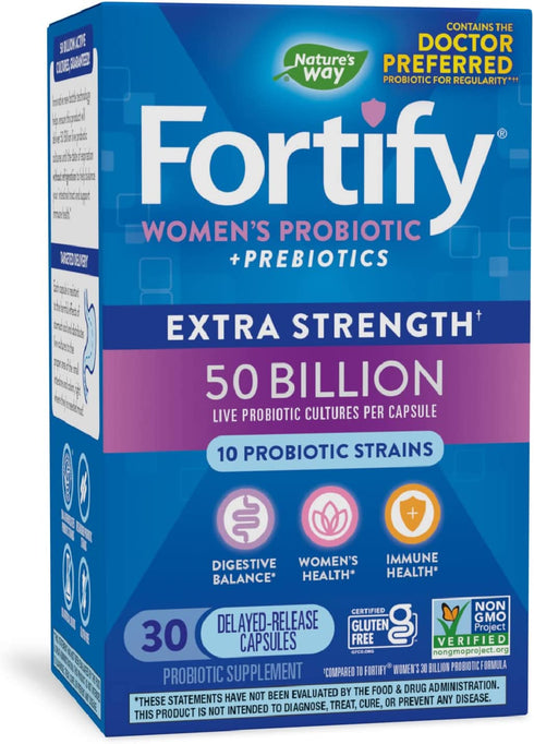 Nature’s Way Fortify Women’s 50 Billion Daily Probiotic Supplement, 10 Probiotic Strains, Digestive Health*, Immune Support*, Women’s Health*, Non-GMO, No Refrigeration Required, 30 Capsules