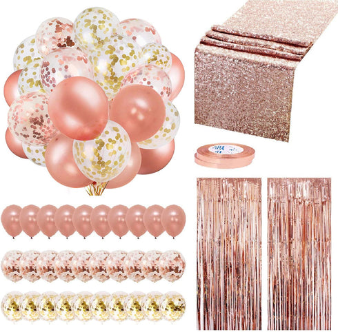 Rose Gold Balloons Party Decorations Supplies Set 35 Pack Include 30 Balloons, 2 Foil Fringe Curtains, 1 Rose Gold Sequin Table Runner, 2 Foil Ribbon for Birthday Party, Wedding,Xmas New Year Festival
