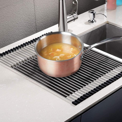 SunCleanse 17.8L—15W Roll Up Dish Drying Rack, Large Over Sink Dish Drying Rack Drainer, Multi-Use Stainless Steel Foldable Dish Rack for Kitchen Sink Countertop, Black